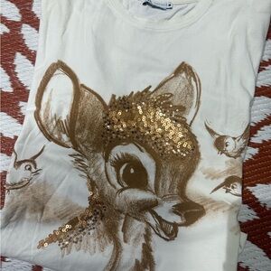 Zara Cream Tee with Gold Sequin Deer Graphic